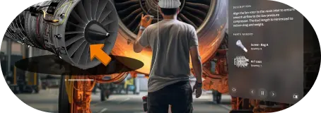 Technician working on a jet engine with an app interface overlay